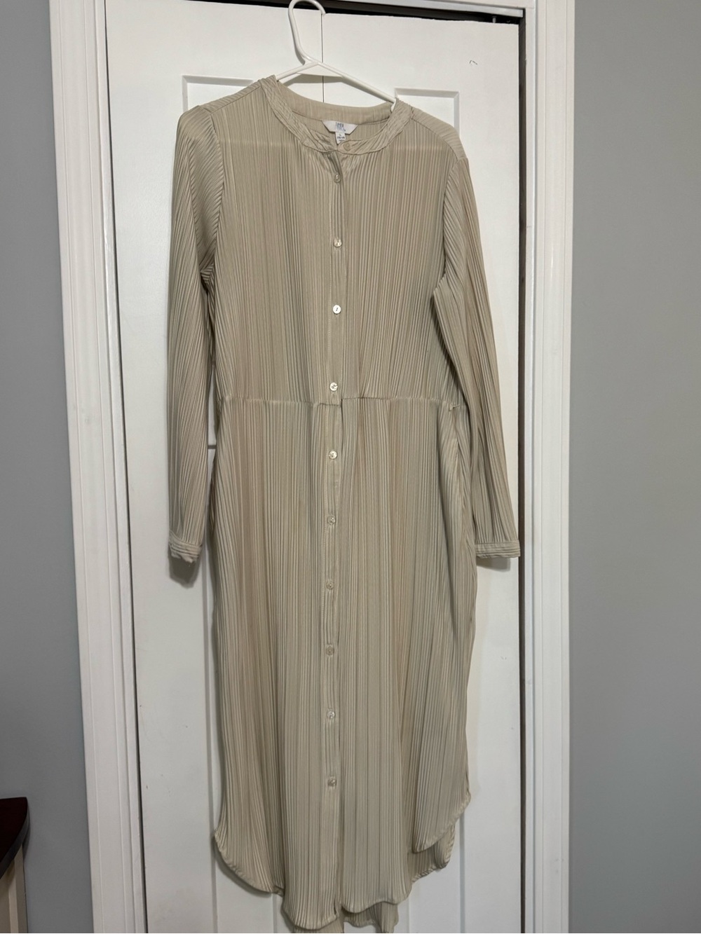 Light Beige Long Sleeve Button-Front Midi Dress